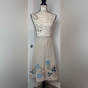 J. Jill Cotton/Silk Beige A-Line Skirt with Blue Floral Design